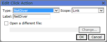 An Edit Click Action dialog box with Type set to NetDiver. An Edit Click Action dialog box with Type set to NetDiver.