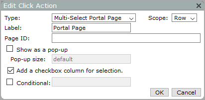 An Edit Click Action dialog box with Type set to Multi-Select Portal Page.