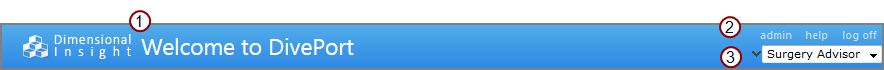 The header of a DivePort page with three The header of a DivePort page with three number labels: 1 (near the DI logo), 2 (next to MY ACCOUNT), and 3 (next to the chevron).